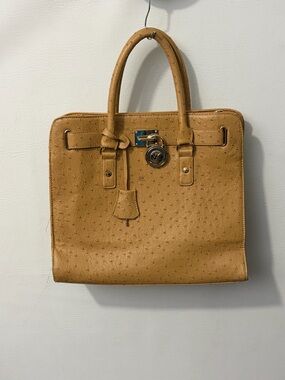 Michael Kors Hamilton Light Tan Ostrich Embossed Leather Tote Gold Hardware